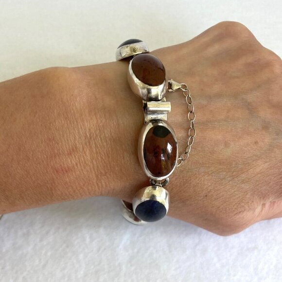 VTG Sterling Silver 925 Taxco Mexico Chunky Multi Gemstone Oval Link Bracelet - Picture 12 of 16